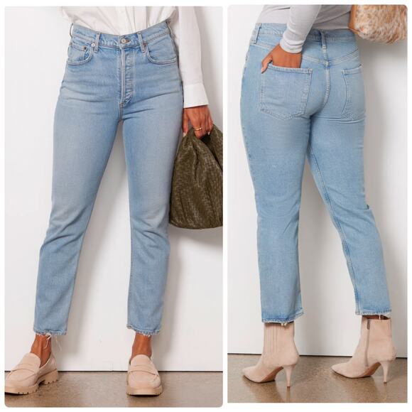 AGOLDE Riley High Rise Straight Jeans Size 30 Light Wash Raw Hem USA Made - Picture 1 of 6